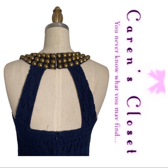 Trina Turk Navy Crochet. Boho Studded Tank Top - Picture 5 of 6